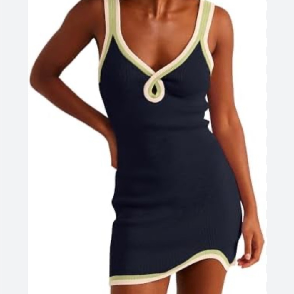 Free People Navy Mini Dress with Lime Trim